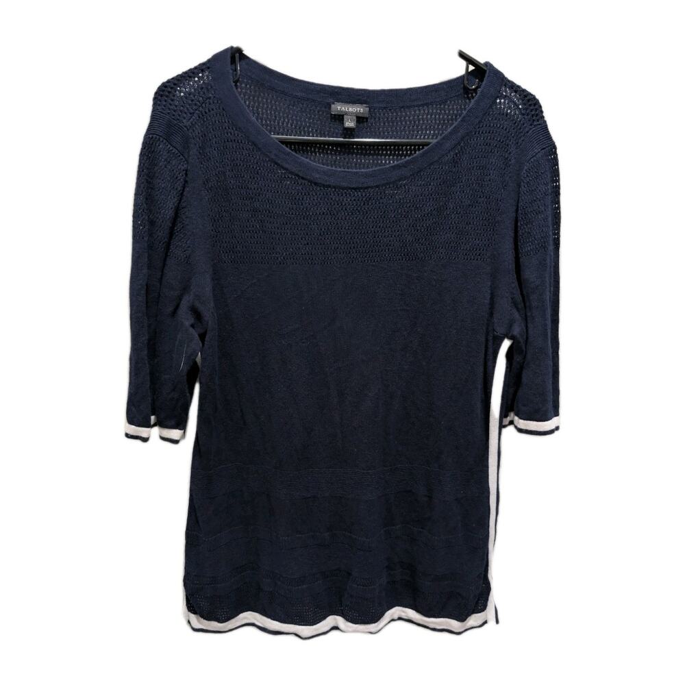 Talbots Tunic Womens Large 12 14 Navy Blue Stripe Linen Mesh Knit Preppy Shirt